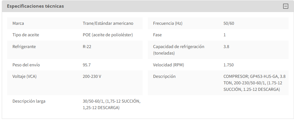 Compresor Hermético Reciprocante para R22 de 3.08 TR Monofásico - TRANE