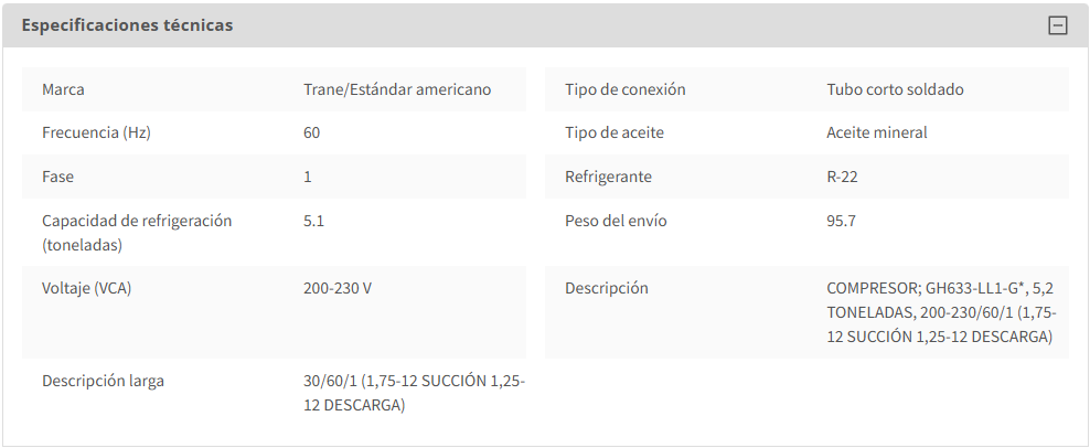 Compresor Hermético Reciprocante para R22 de 5 TR Monofásico - TRANE