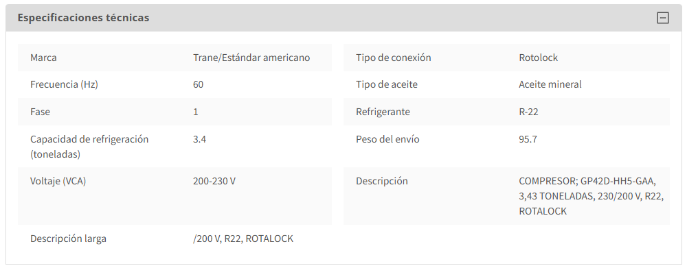 Compresor Reciprocante para R22 de 3.43 TR 220/1/60 Rotalock - TRANE