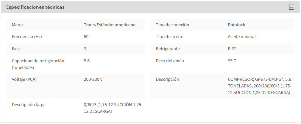 Compresor Reciprocante para R22 de 5.6 TR 220/3/60 Rotalock - TRANE