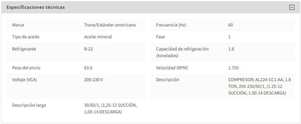 Compresor Reciprocante para R22 de 1.68 TR 220/1/60 Rotalock - TRANE